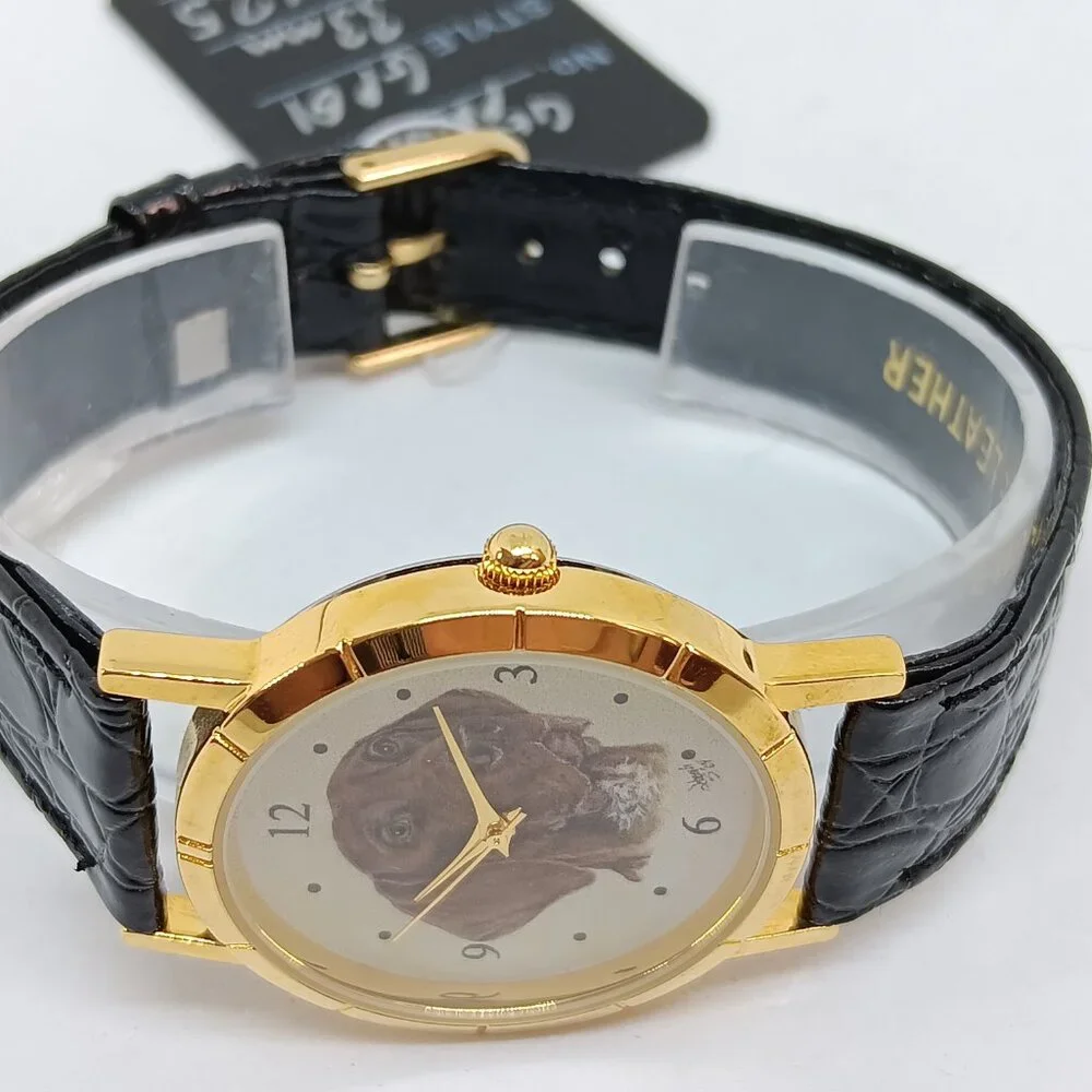 German Pointer 33mm Women's Gold Tone Black Leather Band Dog Watch